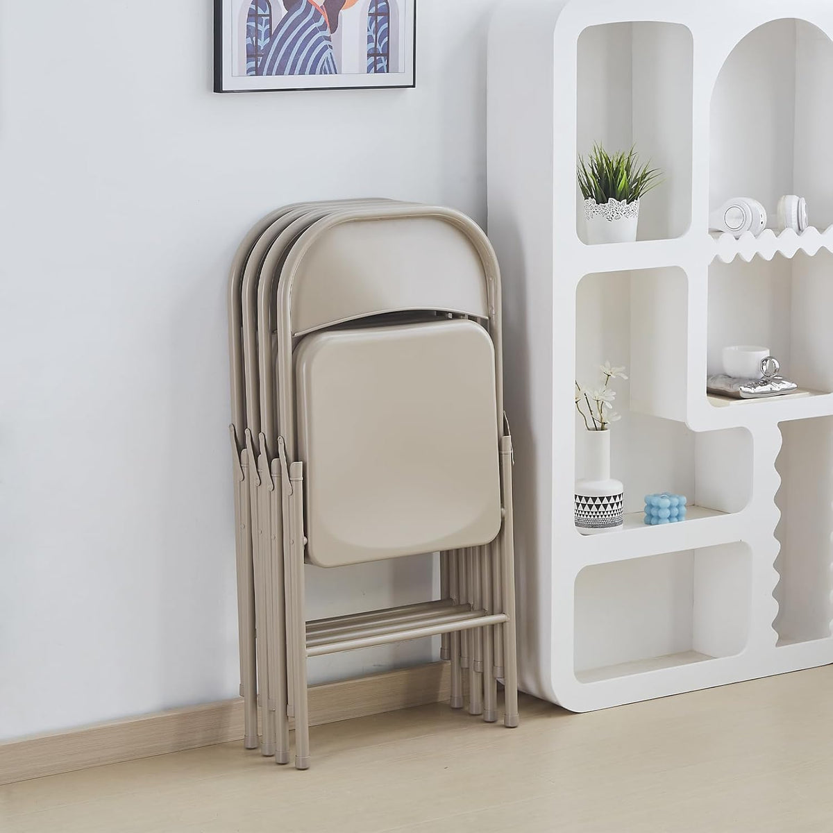 KAIHAOWIN Metalen klapstoel - Set van 4 volledig stalen opvouwbare stoelen ruimtebesparend en zwaar belastbaar voor vergadering kantoor bruiloft feest evenementen - beige