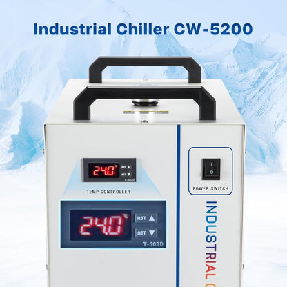 Industriële Waterkoeler – Waterchiller – Chiller – Koudwaterinstallatie – Laserwaterkoeling Voor CO2-Lasermachines 60-150W – 6 Liter Tank – 4879 BTU/u – ±0,3°C Temperatuurregeling