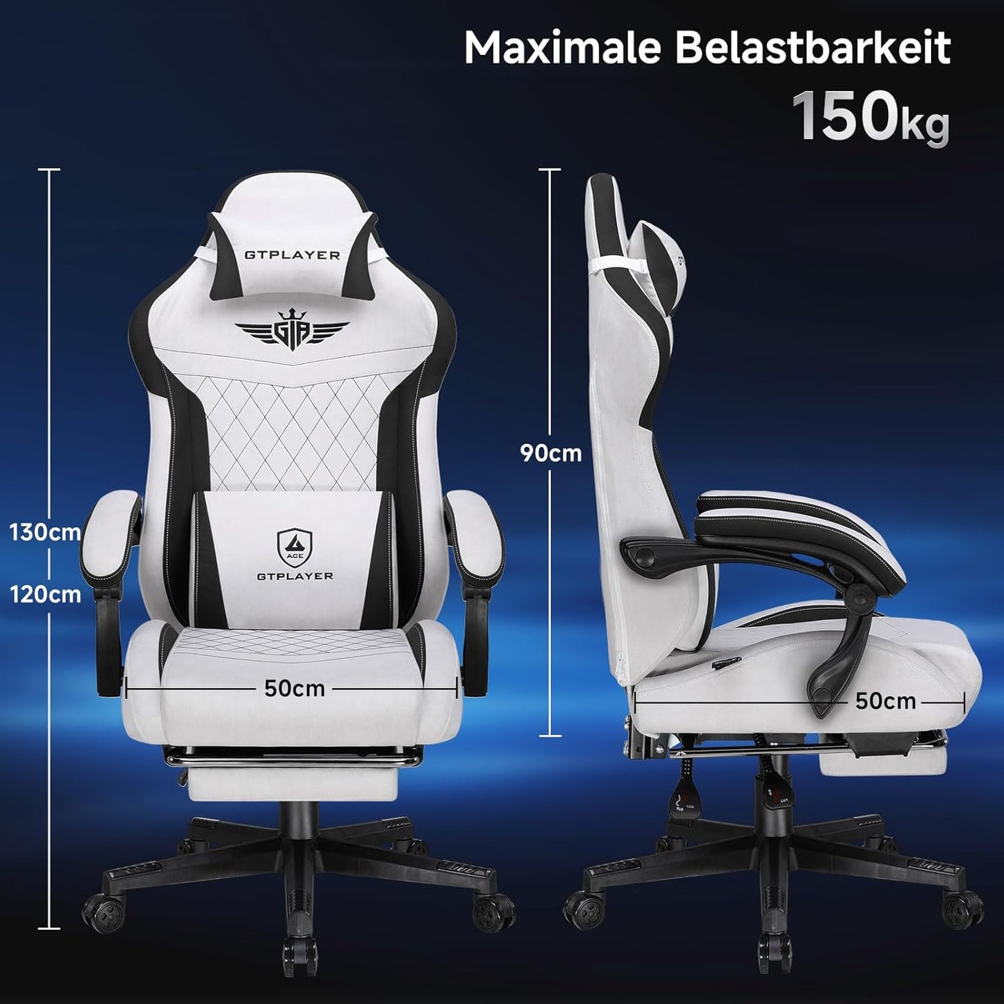 GTPLAYER Ergonomic Gaming Chair, Technical Fabric, with Lumbar Support, Computer Chair with Extended Backrest, Supports up to 150 kg, Grey - QUORE