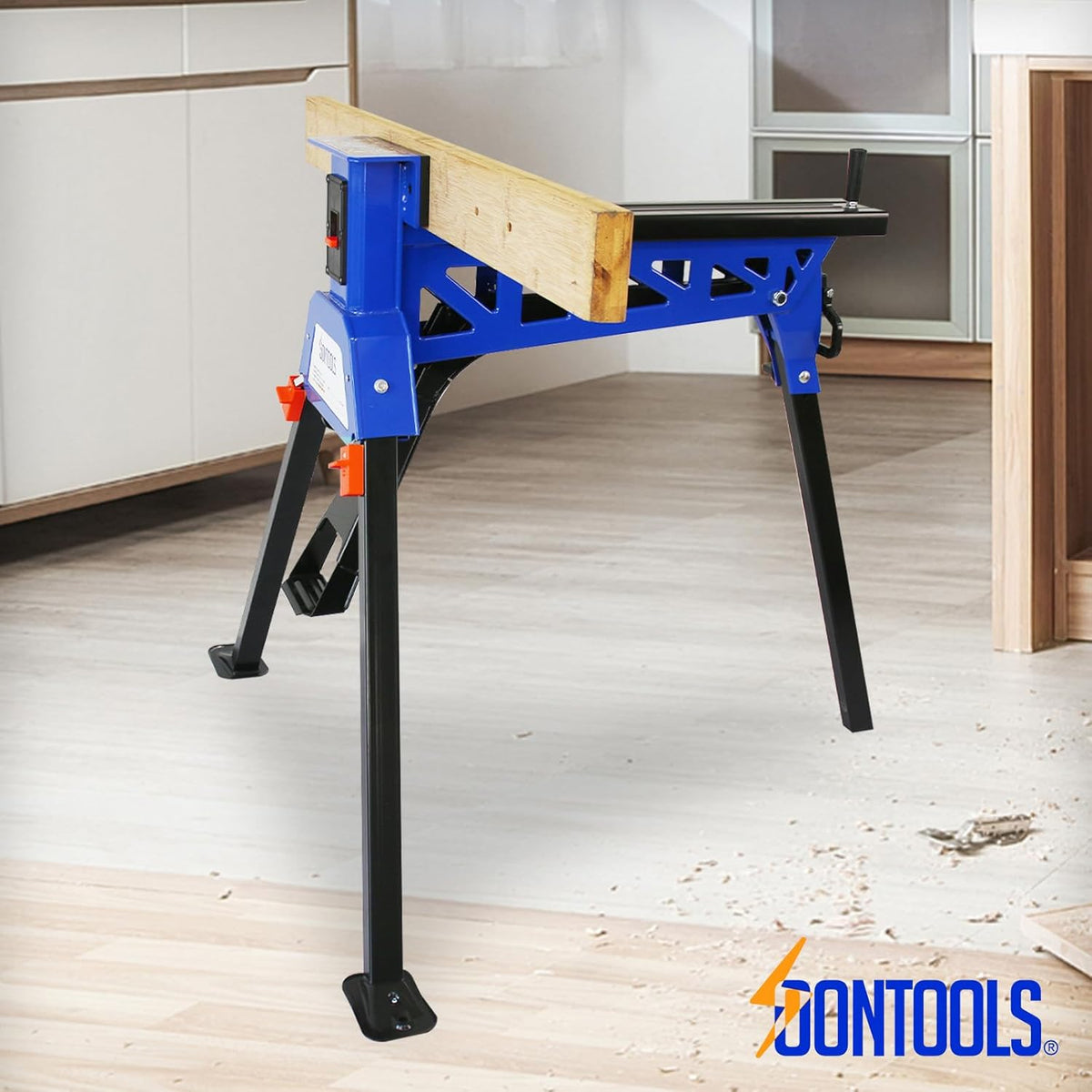 SoonTools Draagbaar werk- en klemsysteem, mobiele inklapbare werkbank met voetbediend mechanisme, 150 kg draagvermogen Horse Work Bench, materiaal ondersteuningsstation