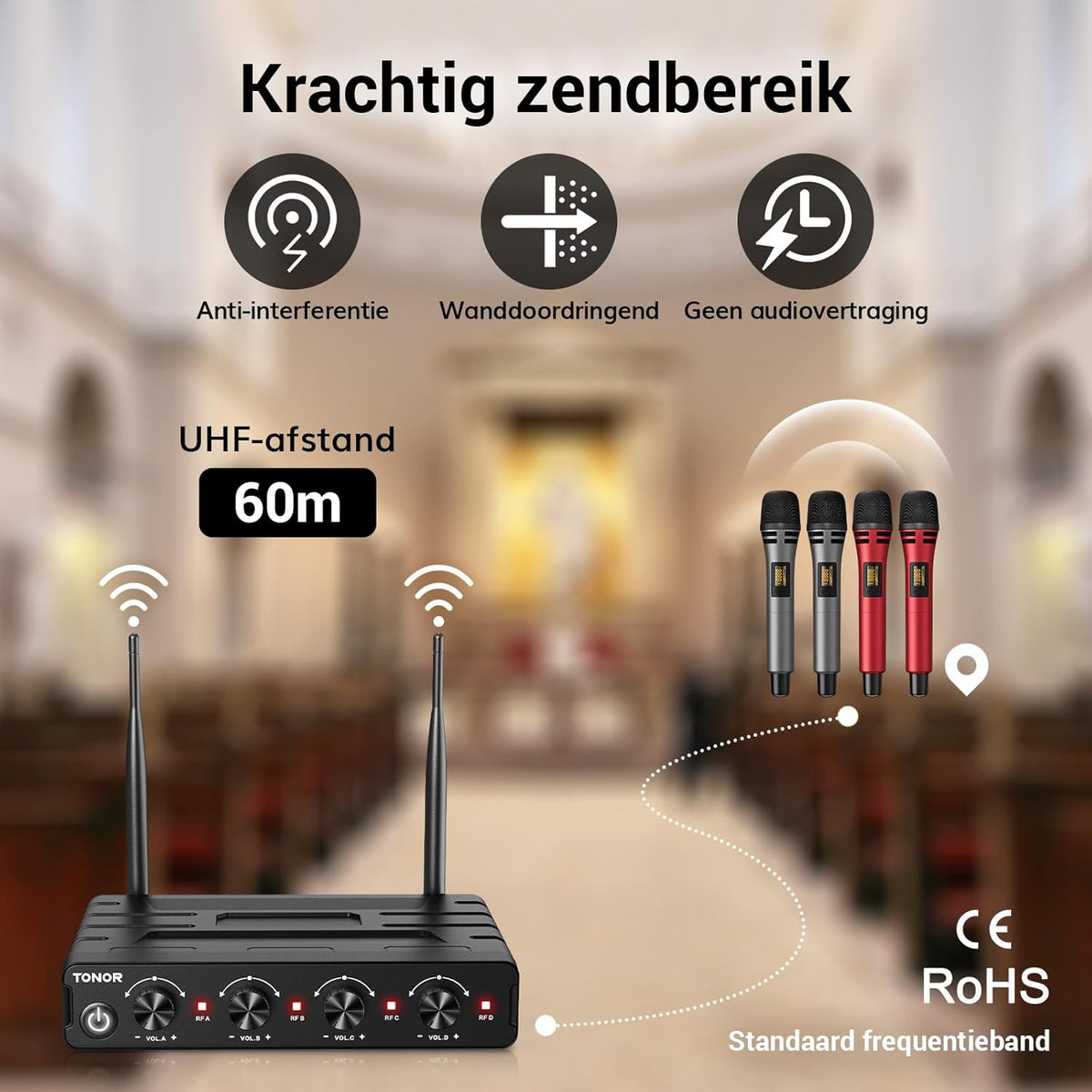 TONOR Draadloze Microfoons Systeem, 4x5 Kanalen Draadloze Handheld Dynamische Mic met Ontvanger, 60M UHF Bereik, Mics met stabiel signaal Transmissie voor Karaoke Zingen Feest Kerk DJ PA Speaker, Rood