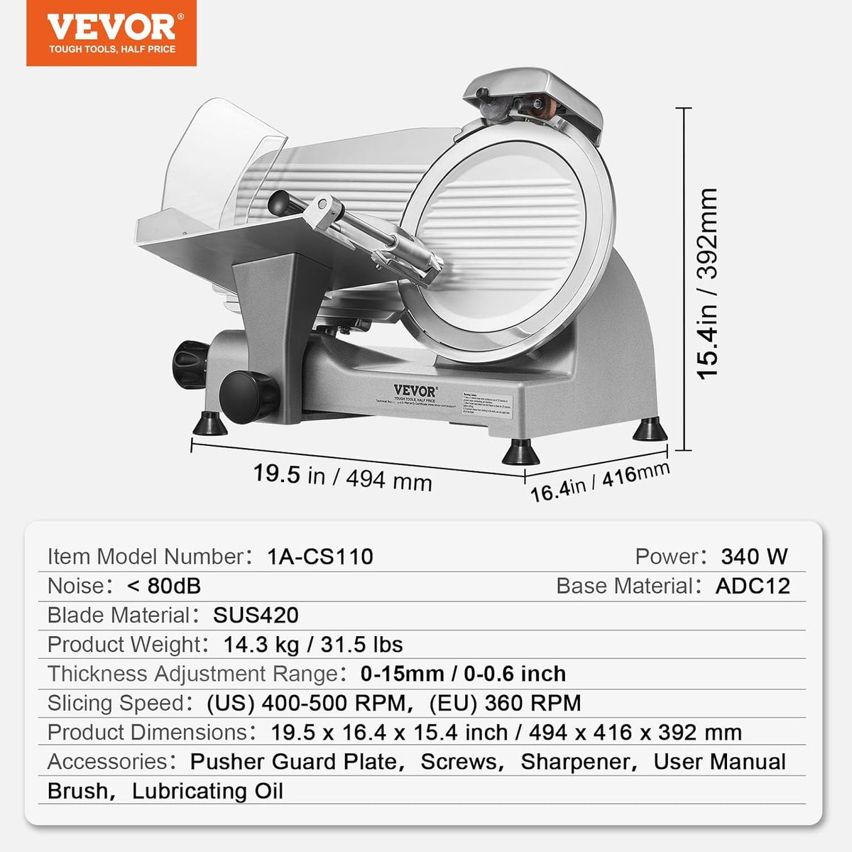 VEVOR Commerciële vleessnijder, 340 W, elektrische snijmachine, voedselsnijder met 25,4 cm koolstofstalen lemmet, 0-15 mm instelbare dikte voor vlees, kaas, groenten enz.