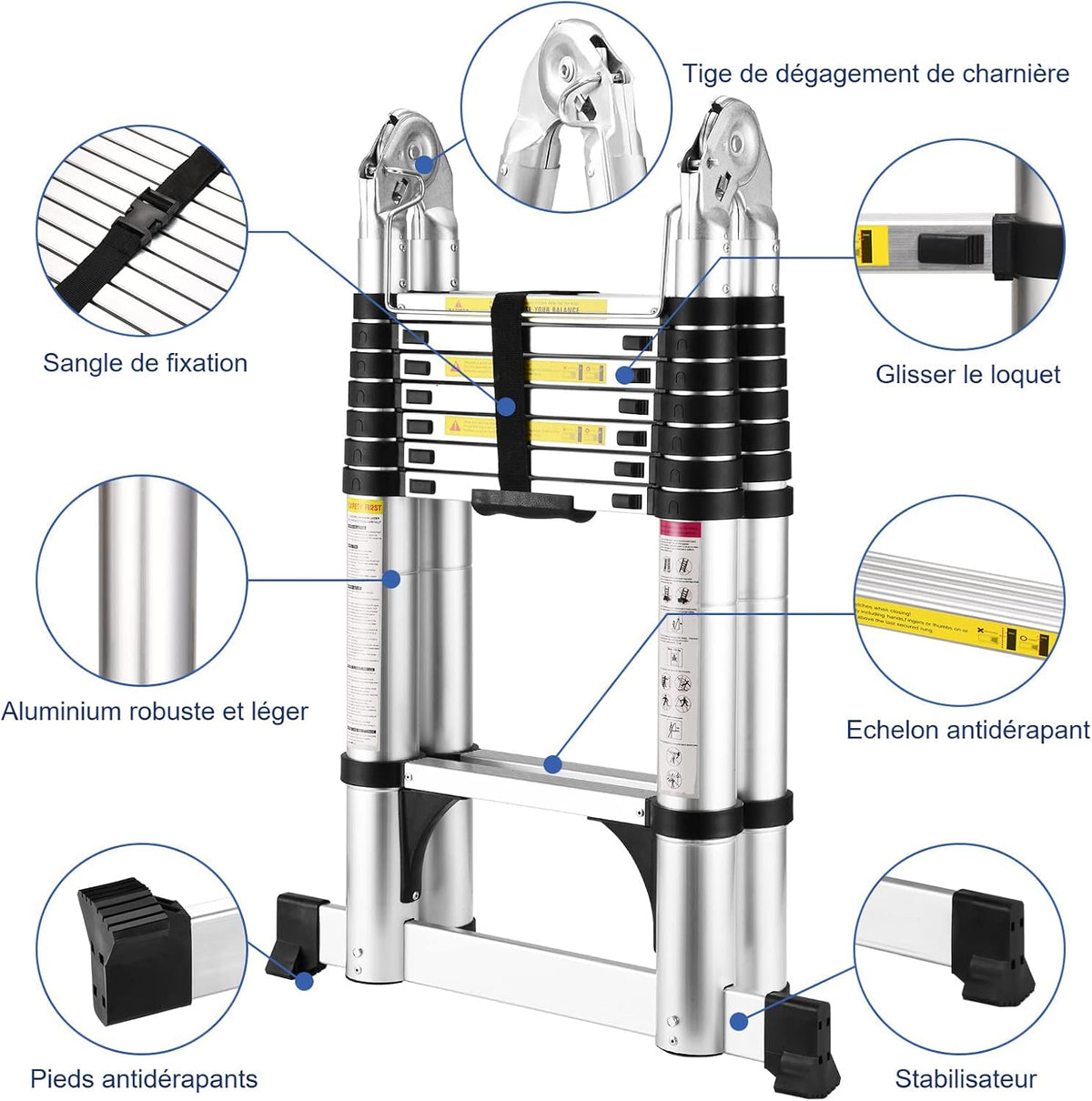Telescopische ladder van aluminium, vouwladder, multifunctionele ladder, staande ladder, uittrekbare ladder, maximale belasting: 150 kg, zilver
