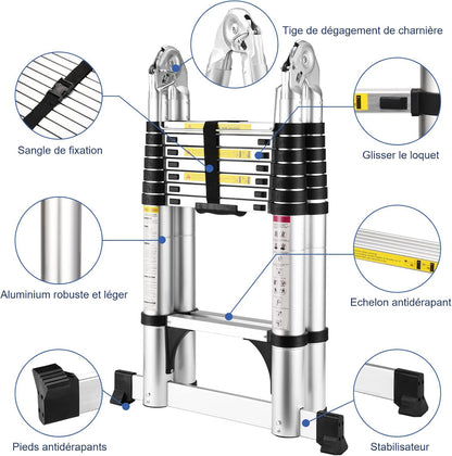 Telescopische ladder van aluminium, vouwladder, multifunctionele ladder, staande ladder, uittrekbare ladder, maximale belasting: 150 kg, zilver