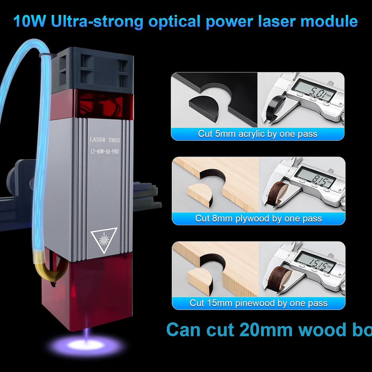 Verbeterde 10W lasermodule-kit met luchthulp en magnetische oogbescherming, LASER TREE 80W laserkop dubbele ultrafijne gecomprimeerde spot compatibel met lasergraveermachine, 12V