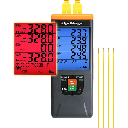 4-Kanaals K-type Thermokoppel Temperatuur Datalogger 328~2498℉ (-200~1370℃) met Hoorbare/Zichtbare Alarmen, GLP Beveiliging, 48K Records Muur | Desktop Mount voor HVAC, Laboratorium, Industrieel