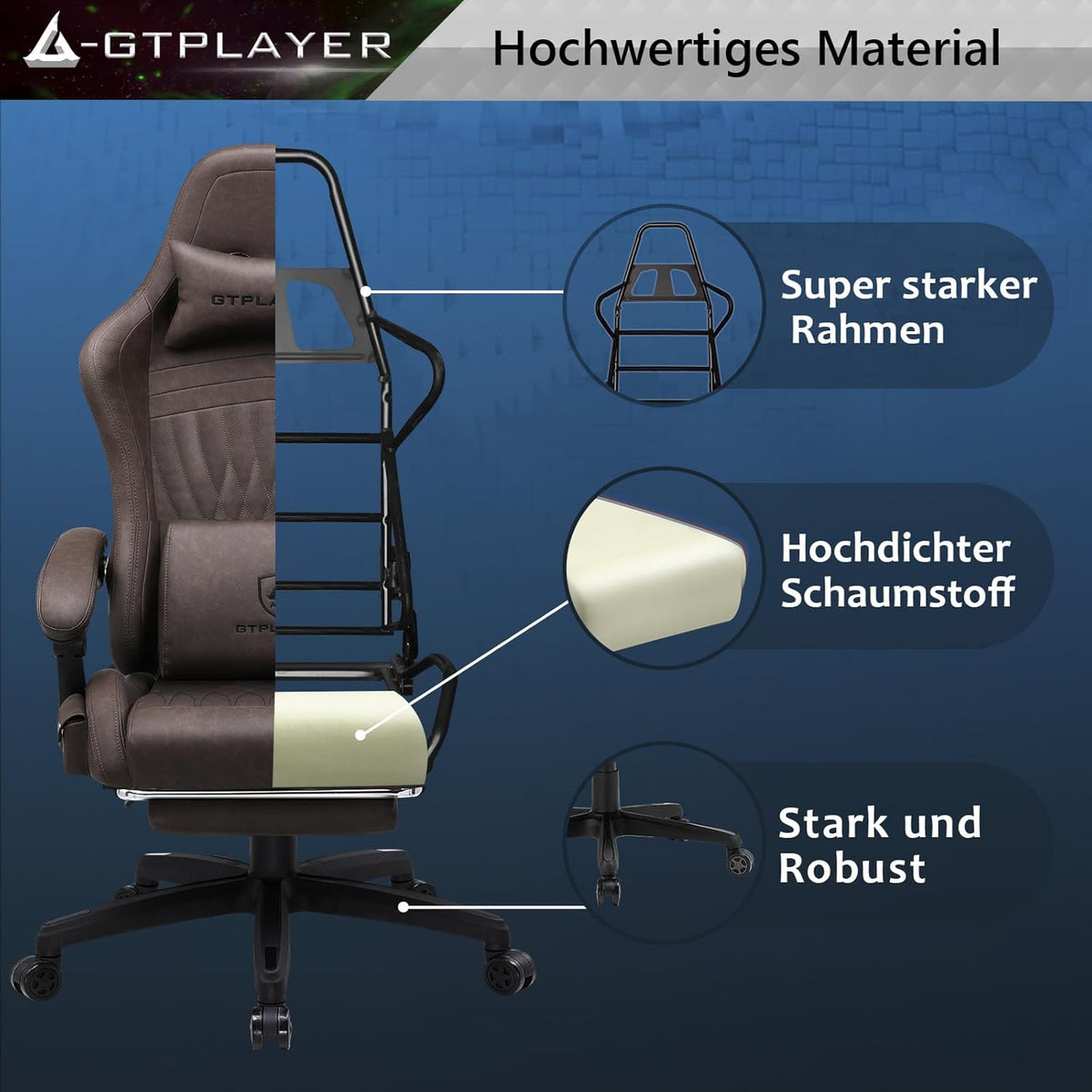 GTPLAYER Leather Game Chair, Ergonomic Game Chair, Desk Chair with Footrest, Speaker, Adjustable Headrest and Lumbar Support, Tilting Backrest, Light Brown - QUORE