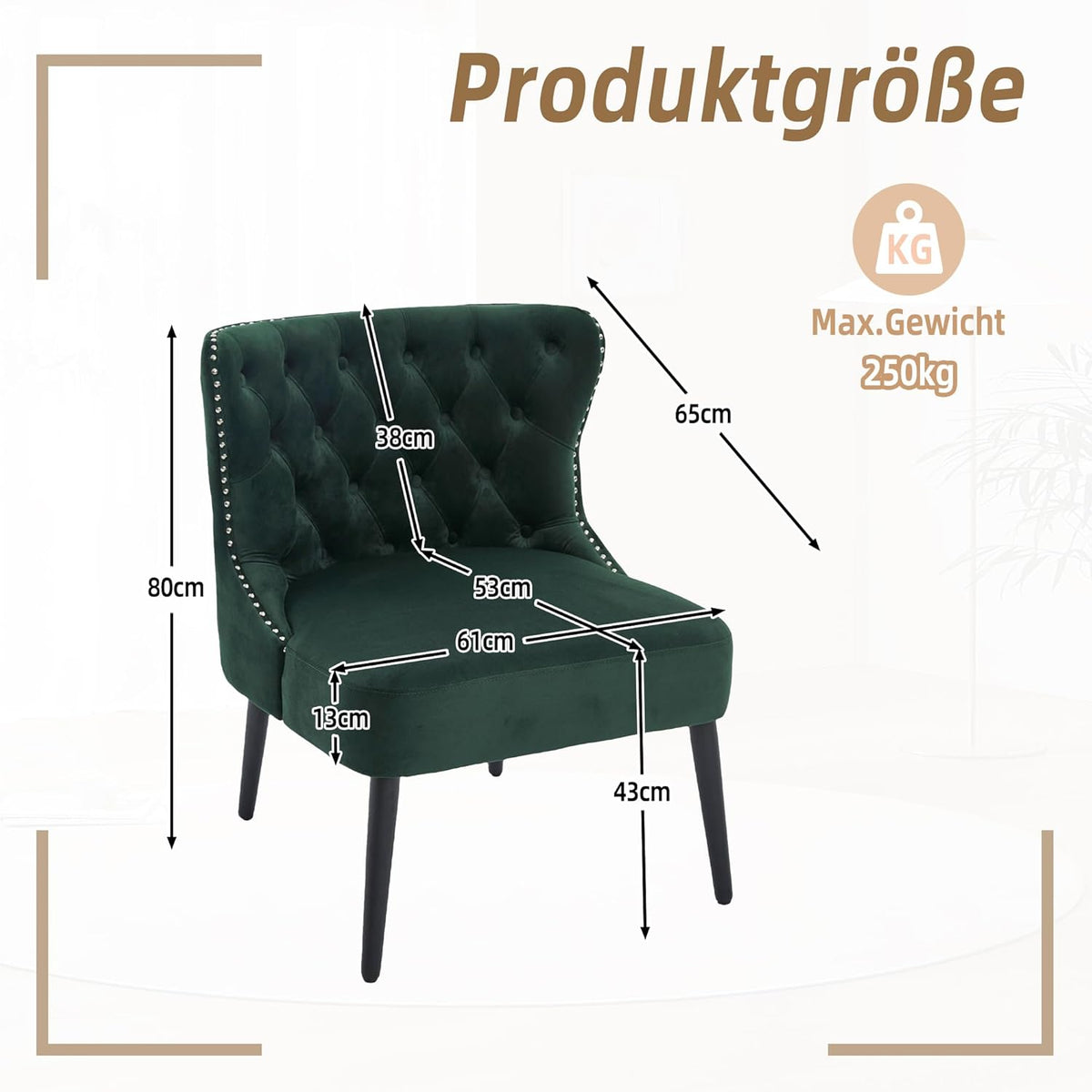 Fluwelen fauteuil, stoel zonder armleuningen met klinknagels, poten van massief hout, voor woonkamer, slaapkamer en kantoor, smaragd, 65 x 61 x 80 cm