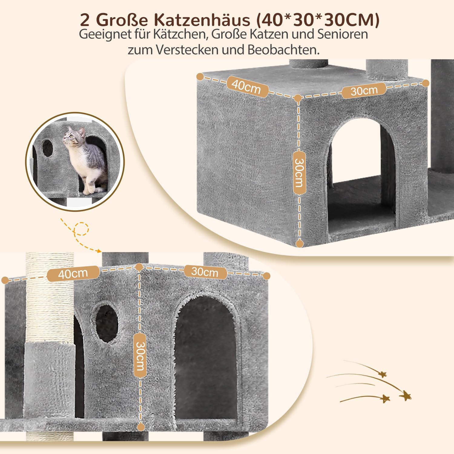 Globlazer cat tree xxl 194cm high with 2 Large Cat House, Hammock 50 * 40CM, Platform Lined Large, 2 Basket, Seat Rod, Huge Scratching Post for 3-5 Large Cats Rest Play Indoor (S76B, Light grey) - QUORE