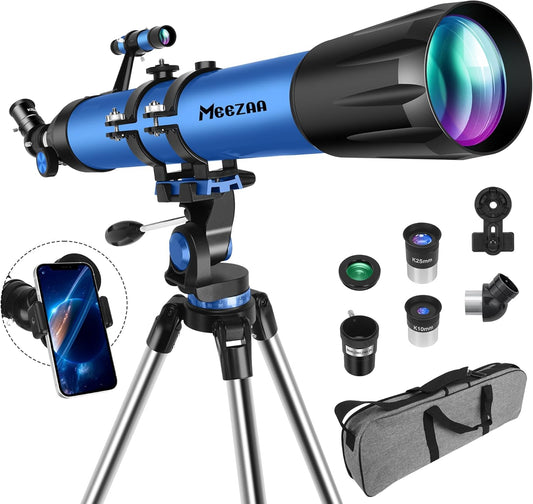 Telescoop, Professionele Astronomie Telescoop voor Volwassenen, 90mm Opening 800mm AZ-montage Astronomisch Refractor Telescoop voor Kinderen Beginners met Statief, Telefoon Adapter, Draagtas en