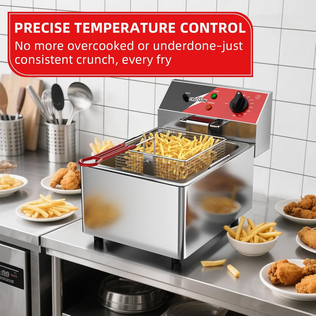 CROSSON Elektrische Friteuse 6L,230V/3000W Elektrische Friteuse met Mand en Deksel,Temperatuurregeling 80-200°C,voor Restaurantkeuken