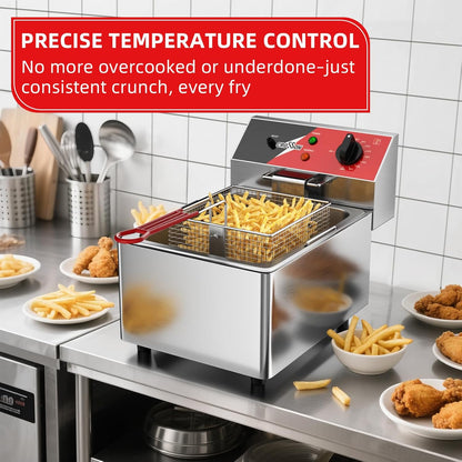 CROSSON Elektrische Friteuse 6L,230V/3000W Elektrische Friteuse met Mand en Deksel,Temperatuurregeling 80-200°C,voor Restaurantkeuken