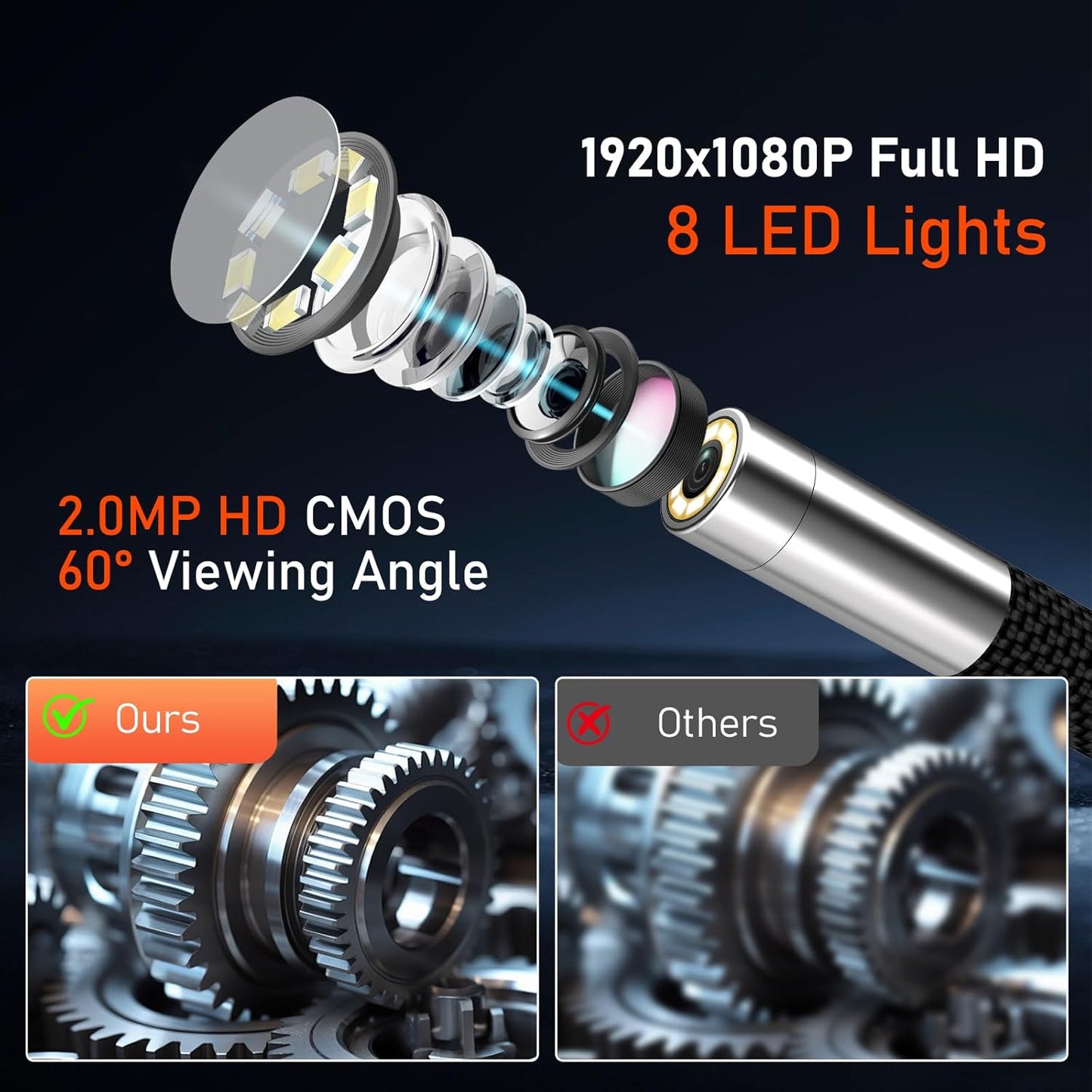 1080p endoscoopcamera, beweegbare kop, lcd-scherm van 5 inch met licht, 270 graden draaibare endoscoopcamera, 8 mm buiscamera, IP67-inspectiecamera, kanaalcamera met 32 GB SD-kaart (1 m)