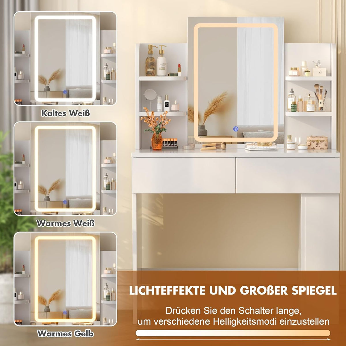 Devoko Dressing Table with Mirror and Lighting,Adjustable Brightness,Makeup Table with 2 Drawers, 4 Shelves, Modern Makeup Desk for Bedroom and Dressing Room, 90 x 40cm (White) - QUORE