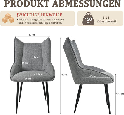 Lichtgrijze eetkamerstoel zonder armleuningen, moderne stoel van linnen-polyester-mix met verstelbare poten, ergonomisch zitcomfort voor woonkamer, kantoor of slaapkamer, 1-delige set