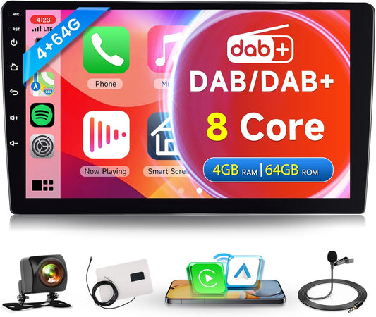 Rimoody 8 Core 4G+64G DAB+/DAB Wireless CarPlay Android Car Radio 2 Din with Wireless Android Car Navigation GPS WiFi 9 Inch Touch Screen Car Radio with Mirror Link Bluetooth FM/RDS/DSP EQ/SWC - QUORE
