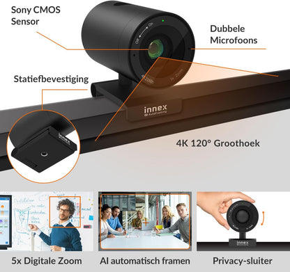 Innex C570 Webcam 4K with 120 Degree Wide Angle, AI Tracking, Car Framing, ePTZ, with Microphone, 5x Digital Zoom, Remote Control, Webcam Cover, Zoom Conference Camera, Microsoft Teams