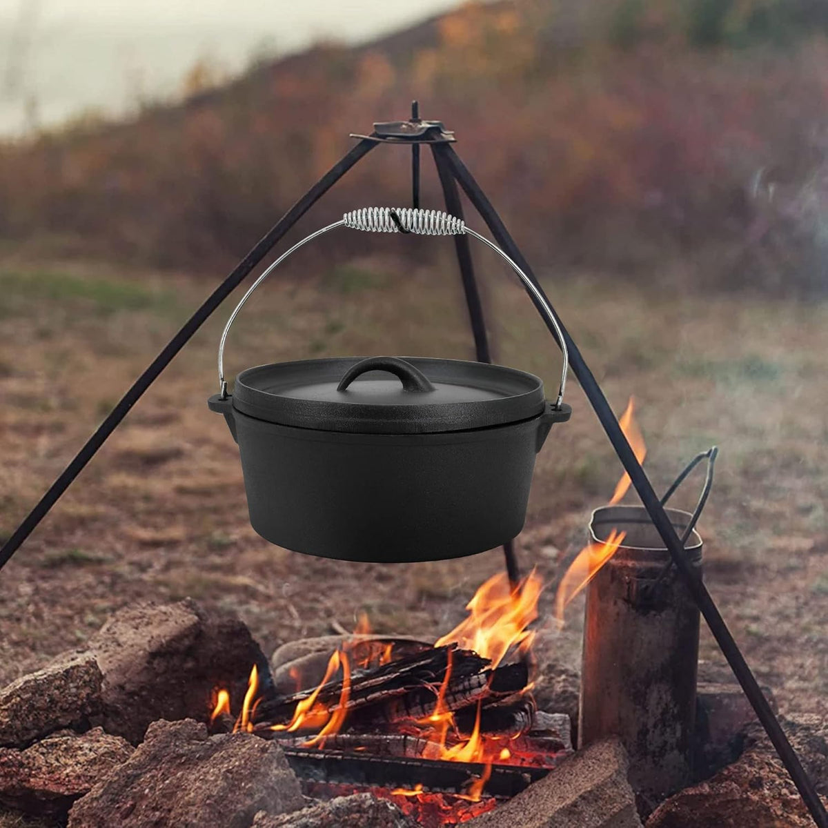 8 Piece Pre-Seasoned Dutch Oven Cooking Set Cast Iron Camping Kitchen Cookware Bakeware Frying Pans & Square Grill Pan w/ Vintage Carry Wooden Box for Ourdoor Home BBQ Baking - QUORE