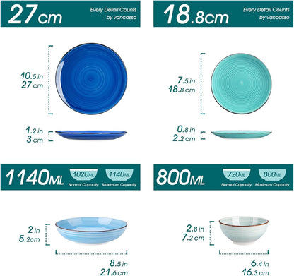 vancasso Bonita Blauwe Dinerset, 24-delig dinerservies voor 6 personen, handbeschilderde draaiende borden en kommen in moderne stijl, inclusief dinerborden, dessertborden, pastakommen en ontbijtkommen