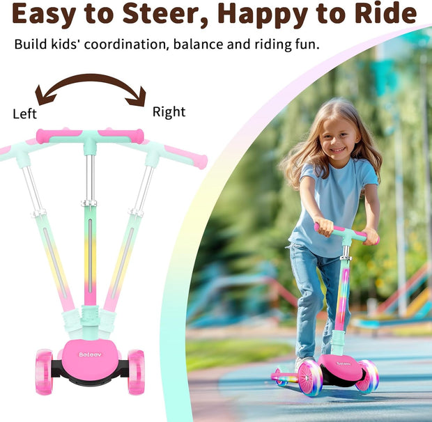 BELEEV A10 Scooter voor kinderen van 3 tot 12 jaar, met ledverlichting, step, dek, inklapbaar, 3 wielen, voor meisjes en jongens, 4 in hoogte verstelbaar, antislip brug, maximale belasting 50 kg