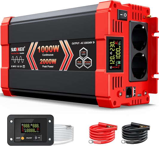 Spanningsomvormer – Omvormer – Stroomomzetter – Inverter – Converter – Zuivere Sinus – 1000W/2000W Piekvermogen – 12V Naar 230V Met LCD-Display & Afstandsbediening