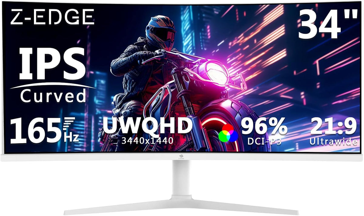 Z-Edge 34'' Curved Gaming Monitor White, 3440x1440, IPS, 165Hz (DP1.4×2), 1ms, 21:9, Height Adjustable/Tilt, Rotary, 100Hz (HDMI2.0×2), FreeSync, VESA (DP cable included)