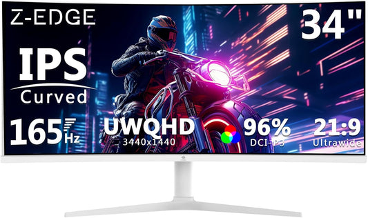 Z-Edge 34'' Curved Gaming Monitor White, 3440x1440, IPS, 165Hz (DP1.4×2), 1ms, 21:9, Height Adjustable/Tilt, Rotary, 100Hz (HDMI2.0×2), FreeSync, VESA (DP cable included)