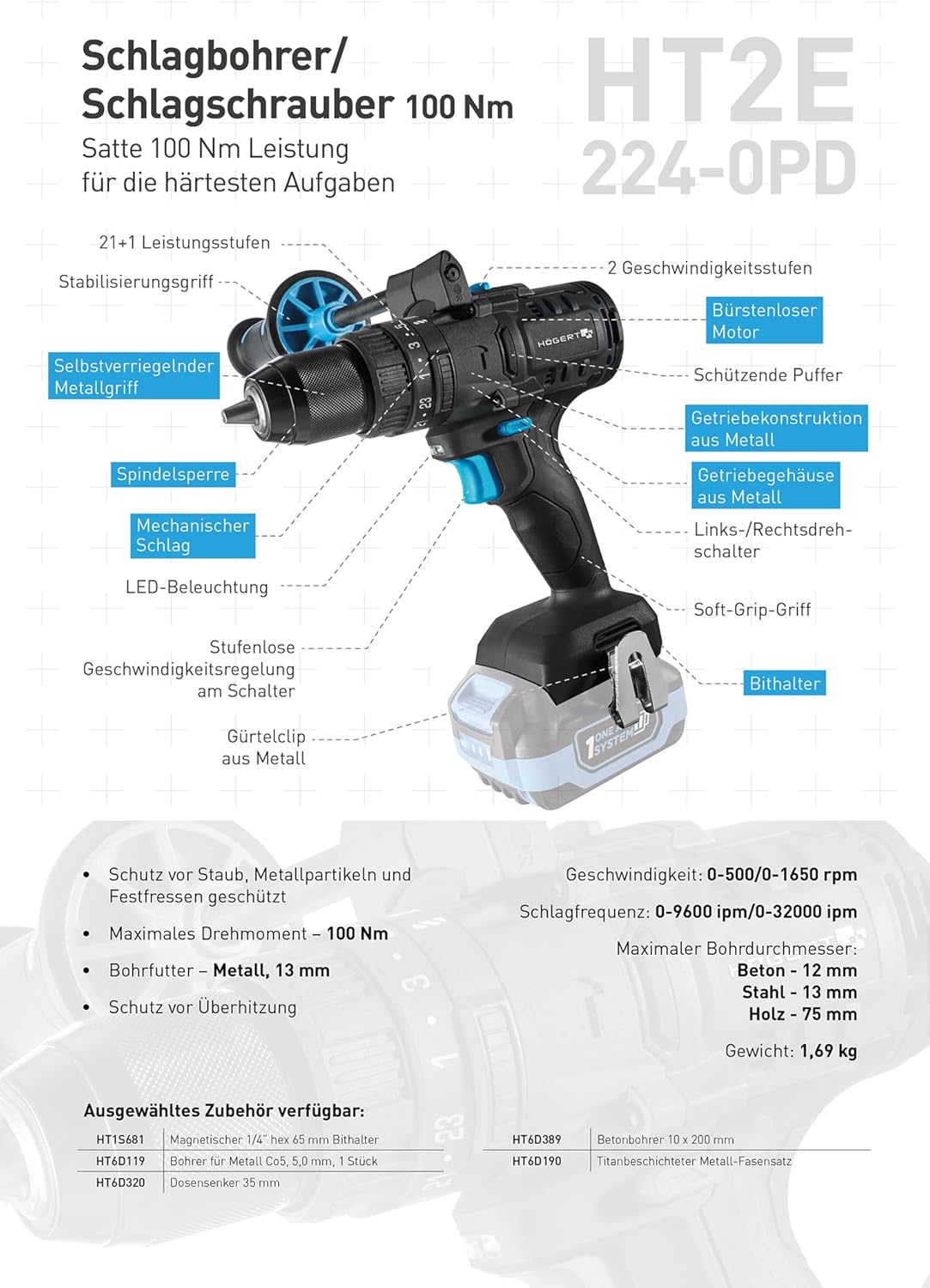 HÖGERT TECHNIK Accu-slagboorschroevendraaierset 18 V, 200 Nm & 100 Nm, 2 borstelloze slagschroevendraaiers, 2 x accu, 4 A oplader, ledverlichting, metalen aandrijving, voor hout en metaal + Promo 2,0