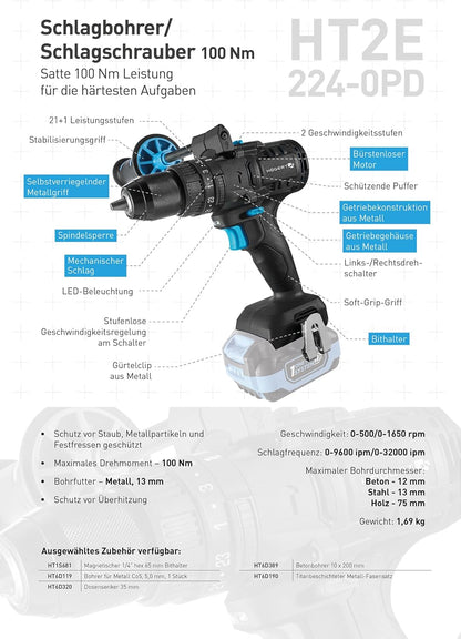 HÖGERT TECHNIK Accu-slagboorschroevendraaierset 18 V, 200 Nm & 100 Nm, 2 borstelloze slagschroevendraaiers, 2 x accu, 4 A oplader, ledverlichting, metalen aandrijving, voor hout en metaal + Promo 2,0