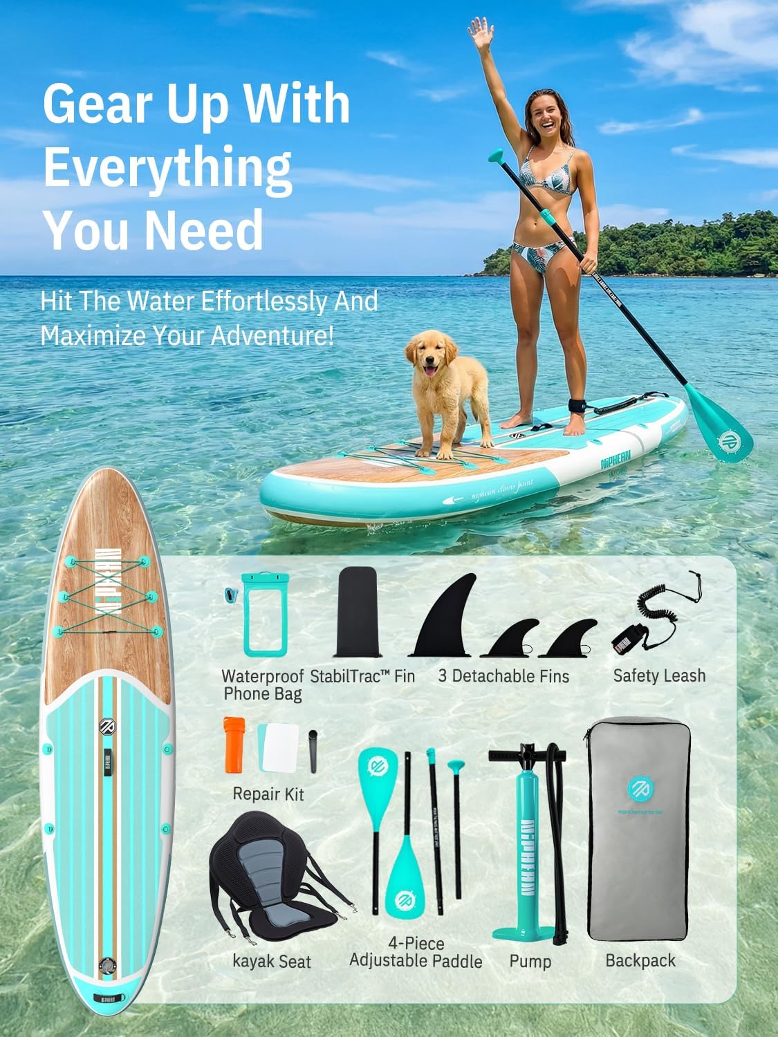 Niphean SUP Board met Zitje en Accessoires, 320cm Stand Up Paddle Board voor Alle Niveaus, SUP met 200kg Draagkracht voor 2 Personen, Opblaasbare Paddle Board voor Volwassenen