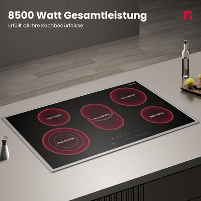Glaskeramisch Kookveld – Elektrisch Kookplaat – Inbouw Kookplaat – Keramisch Kookveld – Kookplaat 90 cm – Roestvrijstalen Frame – 5 Kookzones Met Slider Bediening – 8500W Totaal Vermogen