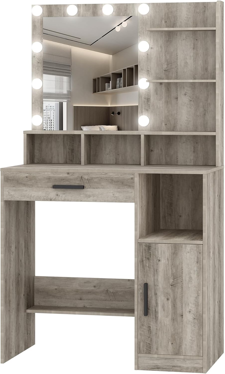 Hzuaneri Dressing Table with Mirror and 10 Led Lighting,with 3 Shelves & 4 Open Compartments, Dressing Table with Large Drawer & Cabinet, 3 Adjustable Luminosity, GreigeVT08105X