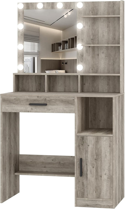 Hzuaneri Dressing Table with Mirror and 10 Led Lighting,with 3 Shelves & 4 Open Compartments, Dressing Table with Large Drawer & Cabinet, 3 Adjustable Luminosity, GreigeVT08105X