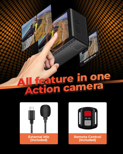 4K 60FPS Touchscreen Actiecamera met 64 GB SD-kaart, Dual Screen Pre-Recording 24MP Onderwatercamera 131FT Waterdichte Camera's 170° Sportcamera's met 2 x 1350 mAh Batterijen Helm Accessoires Kit