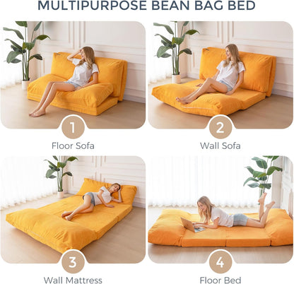 MAXYOYO Zitzakbed, opvouwbaar, corduroy fluweel, slaapbank, vloermatras voor volwassenen, extra dik, 4-voudig gevouwen, vloerbank voor slaapkamer, woonkamer, beige, 100 x 240 cm