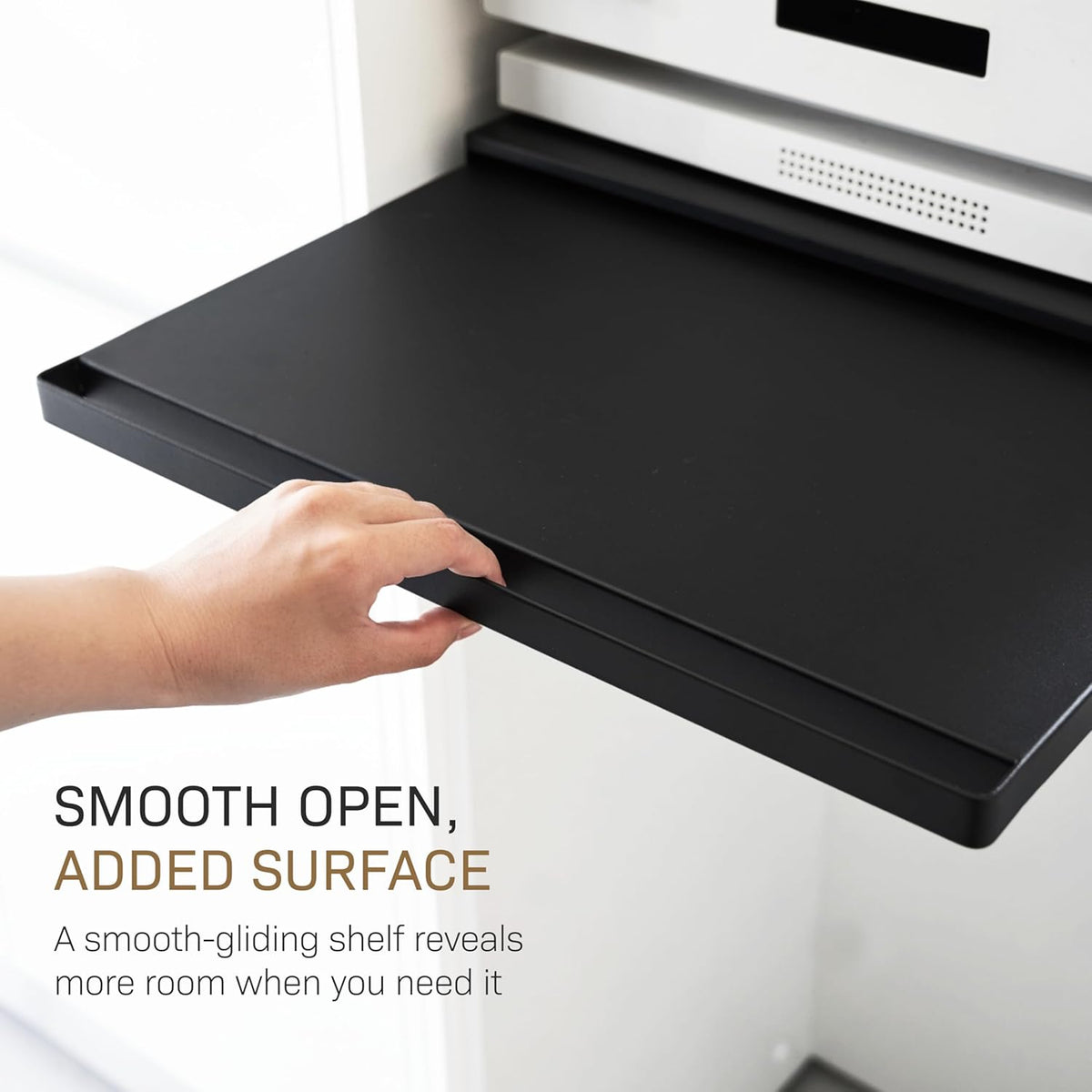 Yamazaki 2008 TOWER Sliding Countertop Tray with Drawer, black, Steel/Polypropylene/Silicone, 45 x 39.3~64 x 13.5 cm