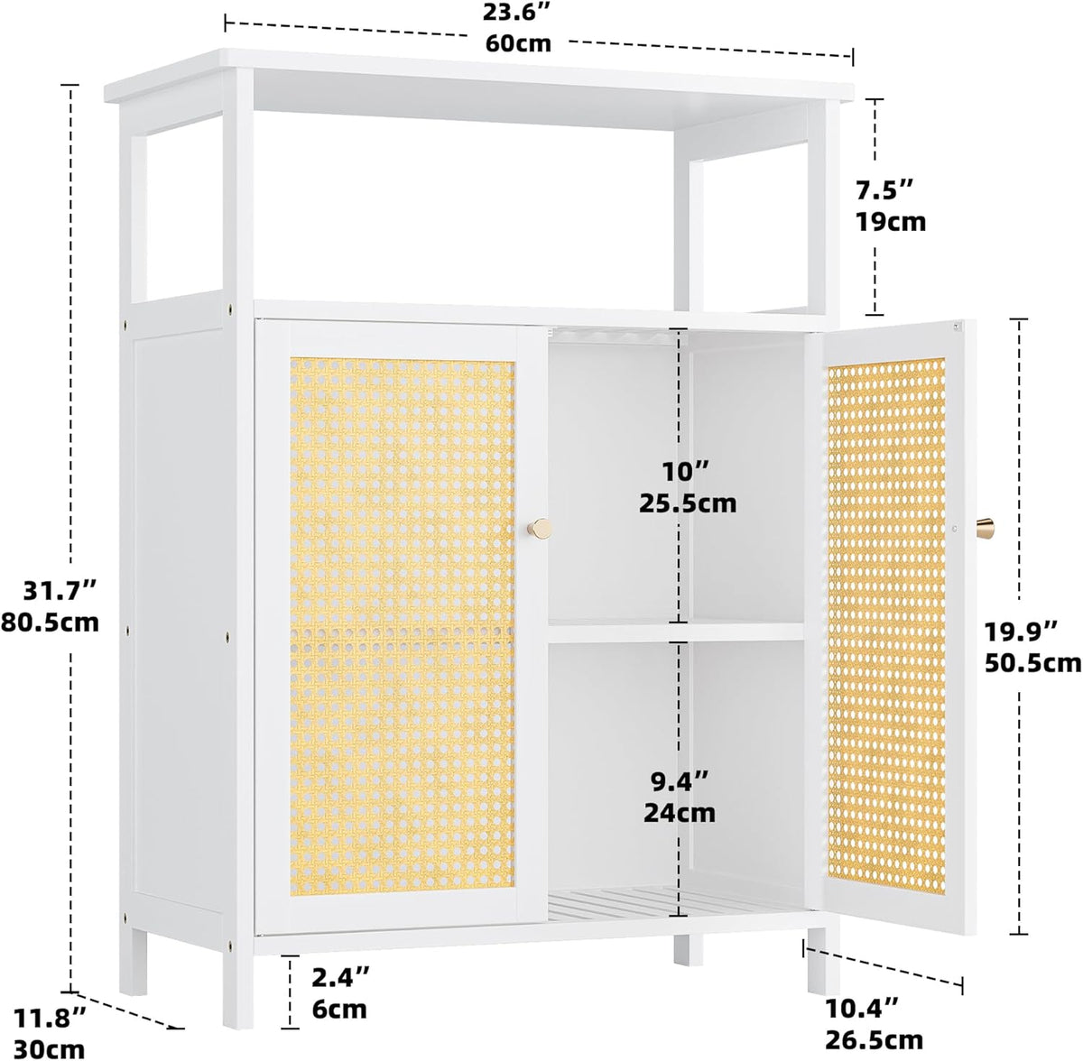 Bathroom Floor Stand Cabinet, Bamboo Storage Organizer Table with 2 Rattan Doors and 1 Shelf, Wooden Side Cabinet for Hallway, Laundry, Kitchen, Living Room (White)