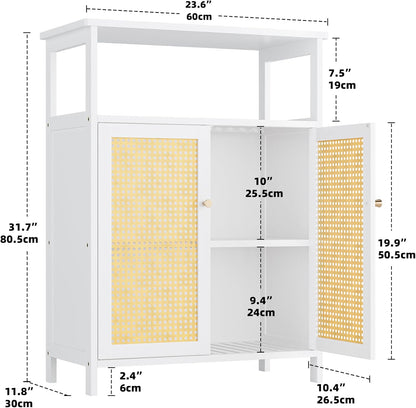 Bathroom Floor Stand Cabinet, Bamboo Storage Organizer Table with 2 Rattan Doors and 1 Shelf, Wooden Side Cabinet for Hallway, Laundry, Kitchen, Living Room (White)