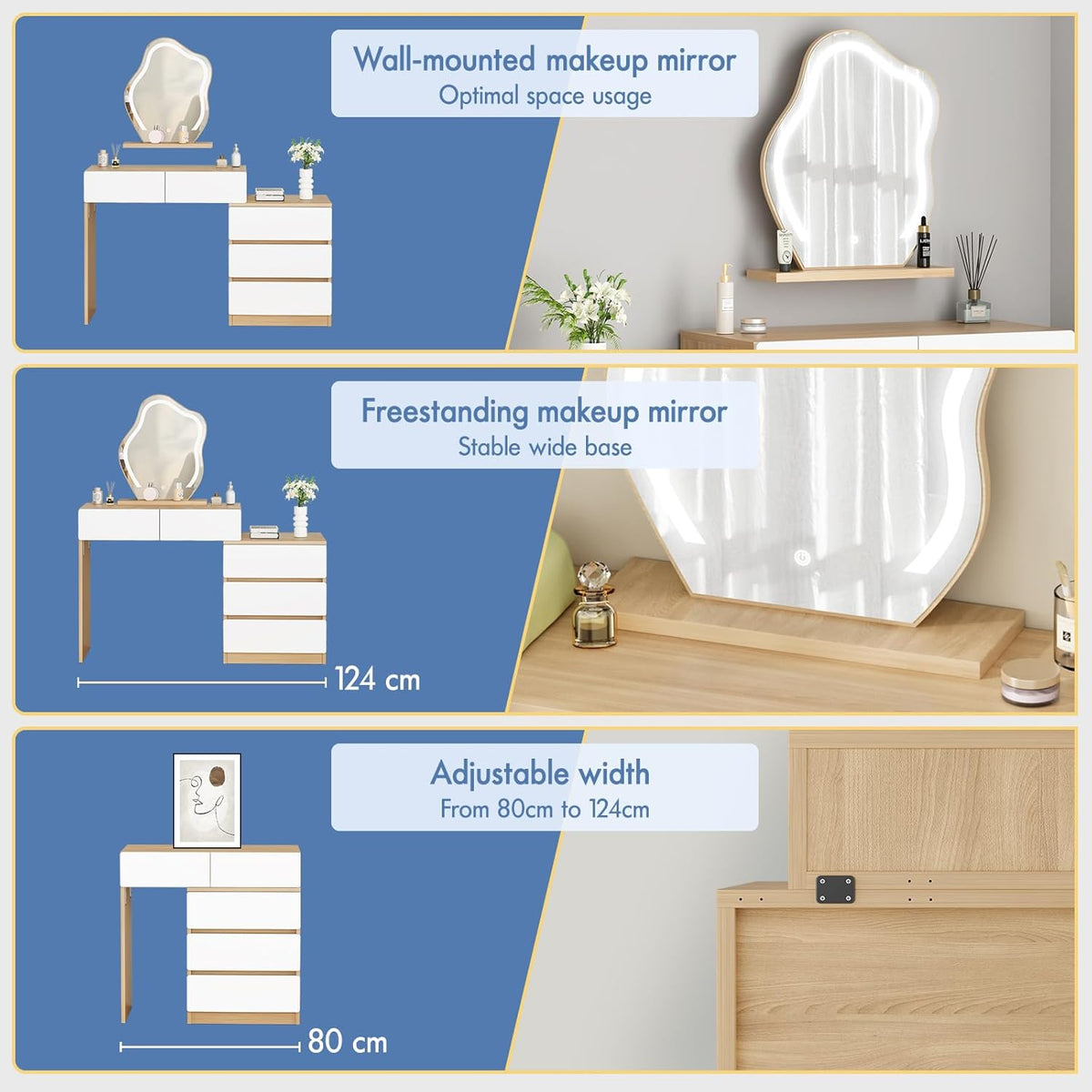 Make-uptafel – Kaptafel – Schminktisch – Make-up Bureau – Beautytafel – Wolkenvormige Spiegel – 10 Verstelbare LED-Lampen – Ruime Laden Met Kruk Opbergruimte