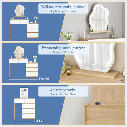 Make-uptafel – Kaptafel – Schminktisch – Make-up Bureau – Beautytafel – Wolkenvormige Spiegel – 10 Verstelbare LED-Lampen – Ruime Laden Met Kruk Opbergruimte