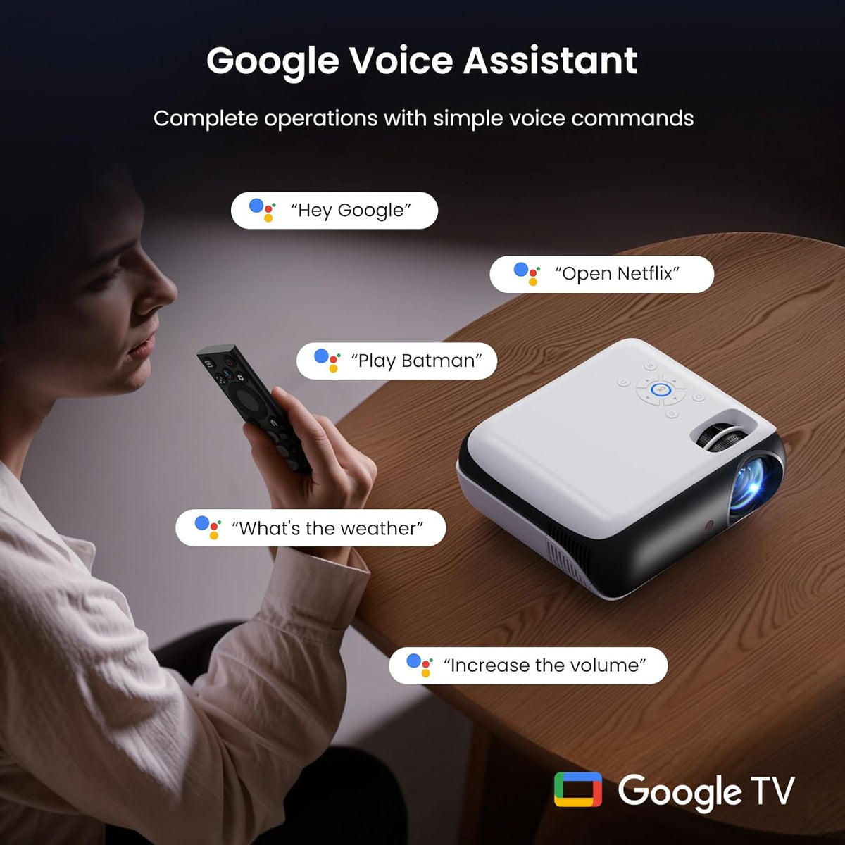 [ Google TV Official ] 4K Mini Projector, HAPPRUN 1000 ANSI 1080P Full HD Smart Beamer met Dolby Audio, WiFi6 Bluetooth 5.2, Home Cinema Projector, Spraakbesturing, met Netflix, Prime Video, YouTube