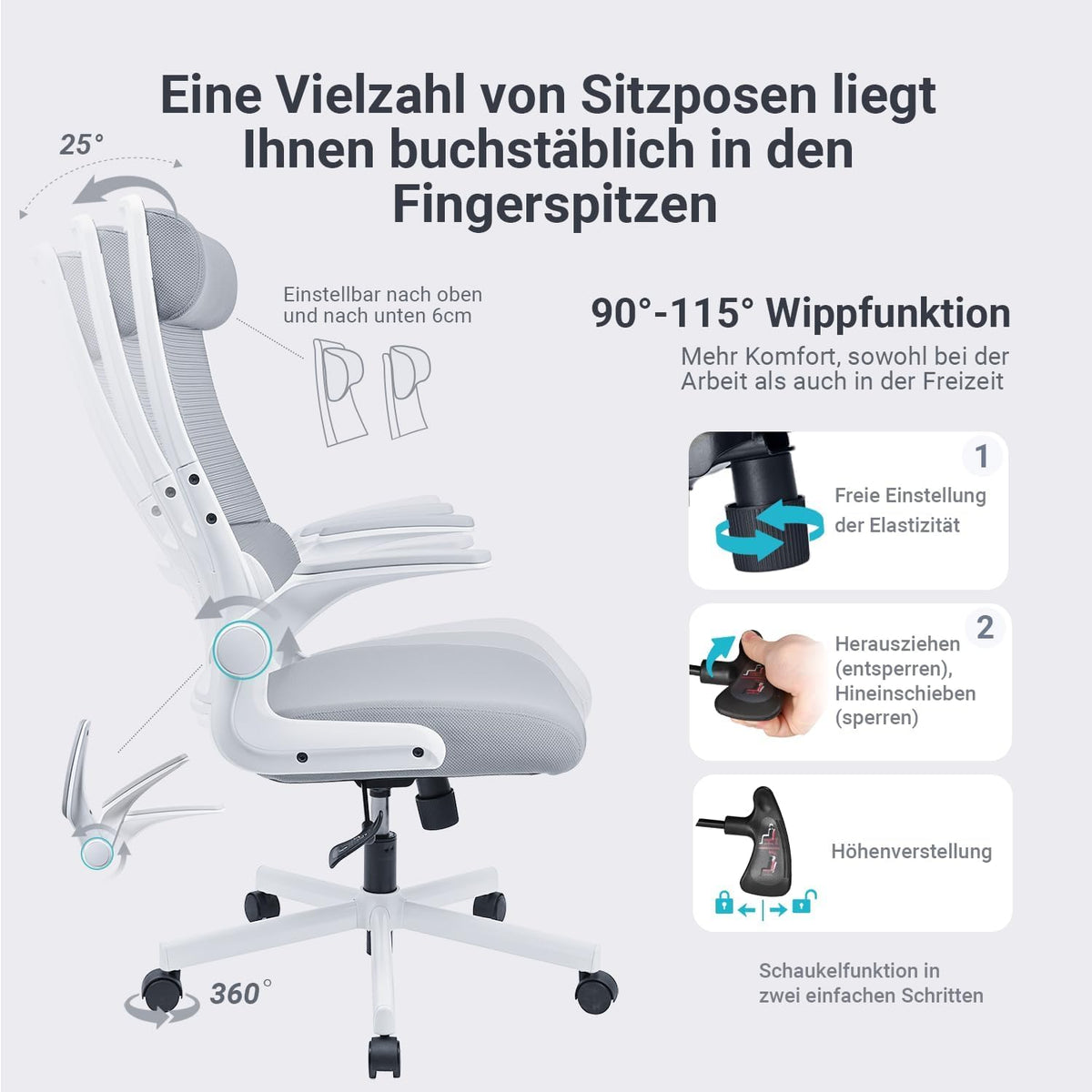 Bureaustoel – Ergonomische Stoel – Werkstoel – Managersstoel – Computerdraaistoel – Verstelbare Hoofdsteun – Mesh Rugleuning – Inklapbare Armleuningen – Lendensteun – Kantelfunctie – EN 1335 Norm