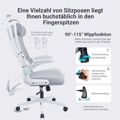 Bureaustoel – Ergonomische Stoel – Werkstoel – Managersstoel – Computerdraaistoel – Verstelbare Hoofdsteun – Mesh Rugleuning – Inklapbare Armleuningen – Lendensteun – Kantelfunctie – EN 1335 Norm