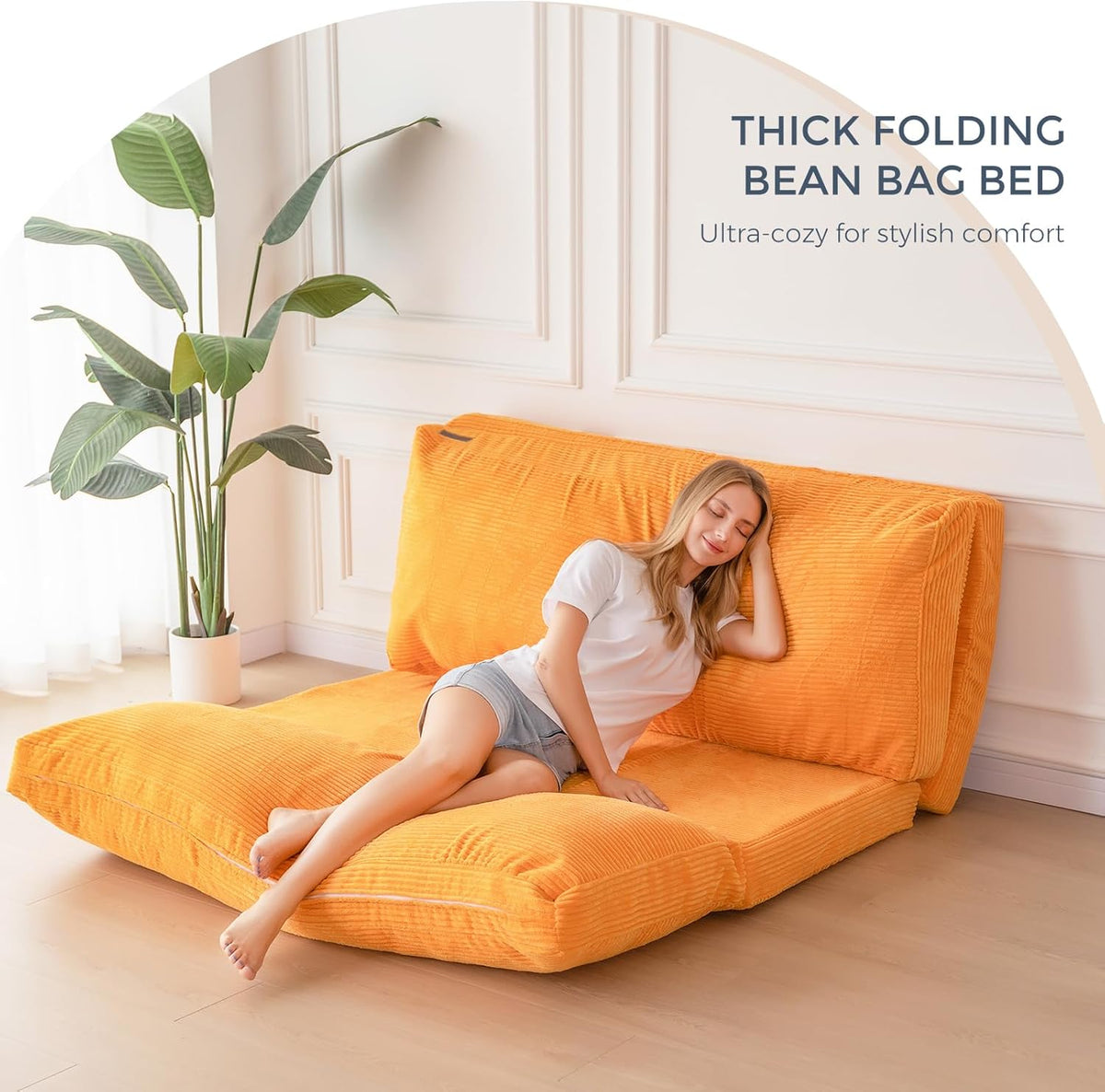 MAXYOYO Zitzakbed, opvouwbaar, corduroy fluweel, slaapbank, vloermatras voor volwassenen, extra dik, 4-voudig gevouwen, vloerbank voor slaapkamer, woonkamer, beige, 100 x 240 cm