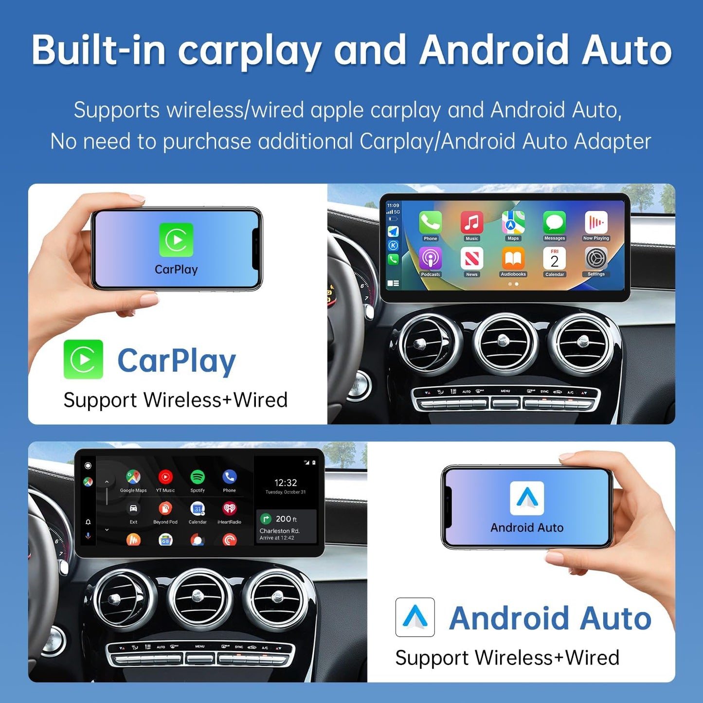CarPlay Scherm – Auto Touchscreen – Multimedia Display – Infotainment Systeem – Navigatiepaneel – 12,3 Inch HD IPS Display – Draadloze CarPlay & Android Auto
