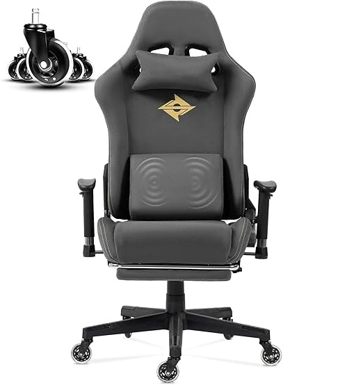 Dowinx Gaming Chair Office Chair with Silky Smooth Large Wheels Massage Gaming Chair with Luxury Game Leather Fabric 90-165° Office Chair 150kg Grey - QUORE