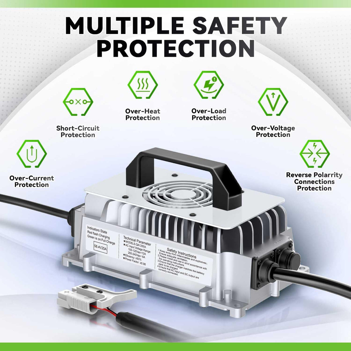 58,4V 25A LiFePO4 Oplader – Batterijlader – Acculader – Lithium-ijzerfosfaat Lader – 48V Oplader – Snelladen – Veiligheidsbeveiliging
