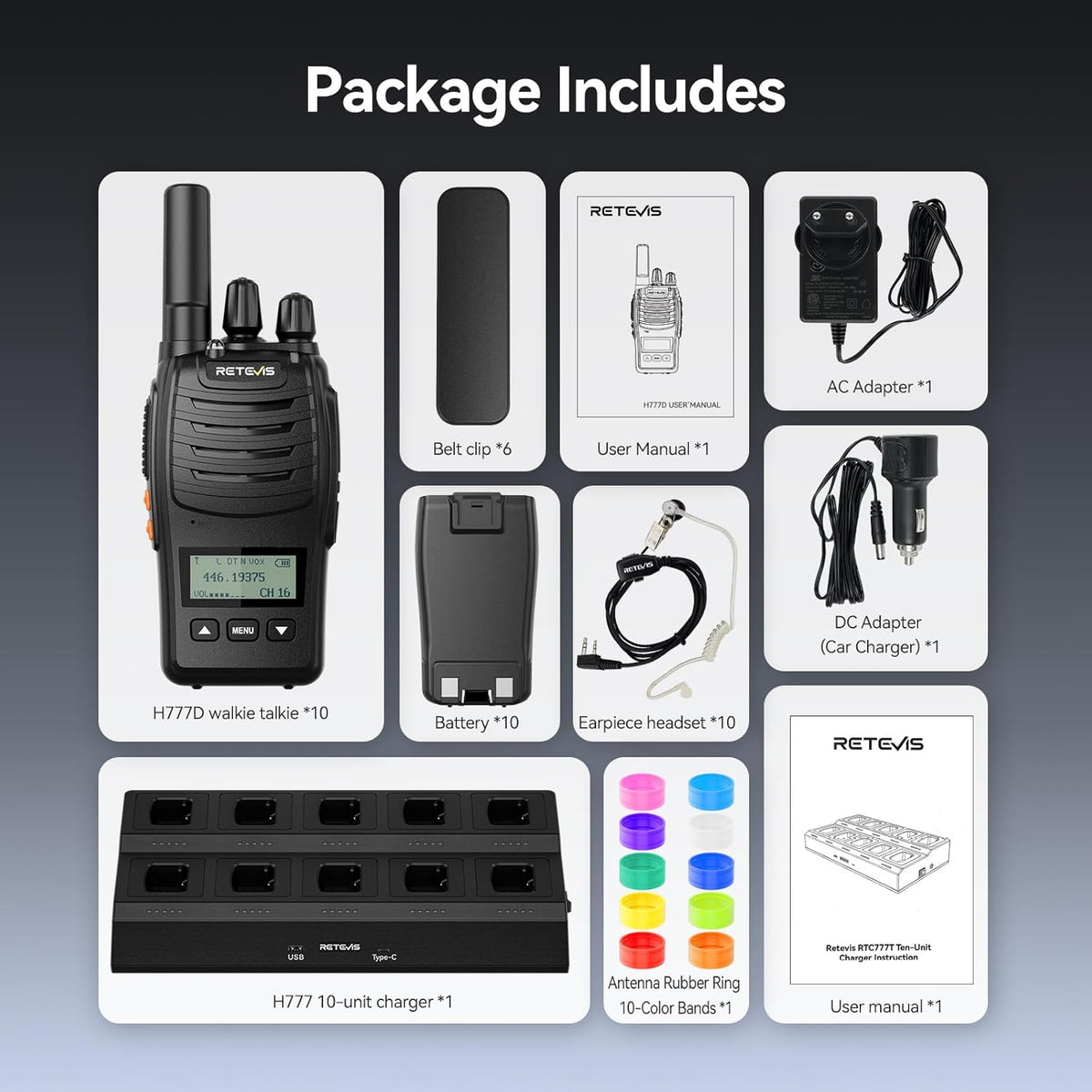 Retevis H777D Portofoons met 10-Voudige Oplader, LCD-Scherm, 1200 mAh-Batterij, Type C-Oplader, Eenvoudig te Koppelen, Langeafstandsradio voor Beveiliging, Hotel (10 Stuks)