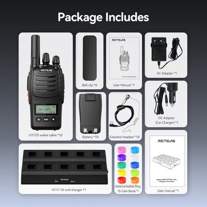 Retevis H777D Portofoons met 10-Voudige Oplader, LCD-Scherm, 1200 mAh-Batterij, Type C-Oplader, Eenvoudig te Koppelen, Langeafstandsradio voor Beveiliging, Hotel (10 Stuks)