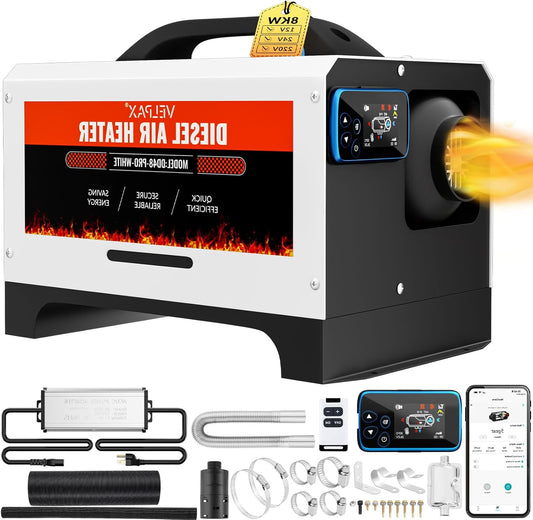 Portable Diesel Heater, All-In-One, 12 V, 5-8 KW, Diesel Air Heater, 0.16-0.52 L/h, 8 ~ 36 °C, Adjustable 15-20 m², LCD and Remote Control, Tank with 5 L Capacity for Motorhome - QUORE